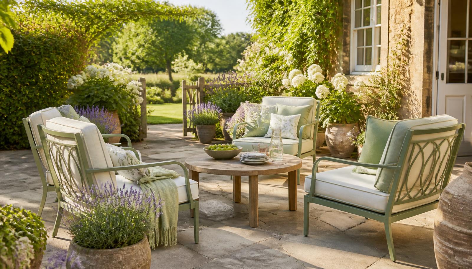 Sage green garden chairs with cream cushions on a sunny stone patio